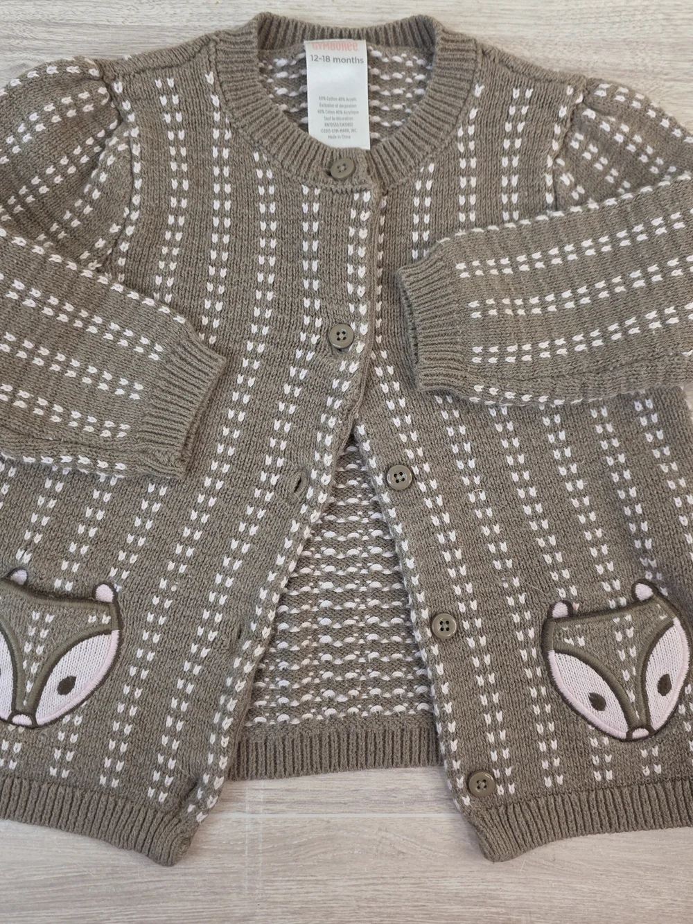 2015 Gymboree Taupe Knit Cardigan with Fox Pocket Appliqués 12-18 Month